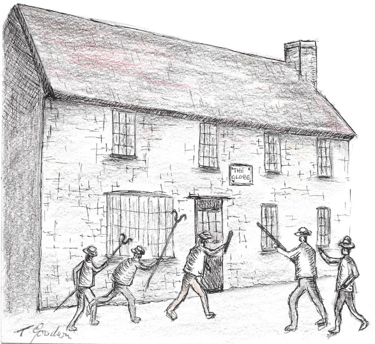Rioters at The Globe Public House in 1816, illustrated by Theresa Goodwin.