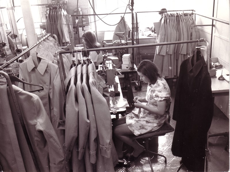 Unidentified women making the Burberry trench coat at Littleport, circa 1985.
