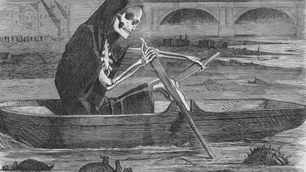 The silent highwayman : Death rows on the Thames, claiming the lives of victims who have not paid to have the river cleaned up, during the Great Stink.