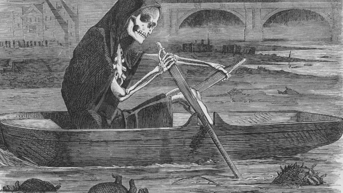 The silent highwayman : Death rows on the Thames, claiming the lives of victims who have not paid to have the river cleaned up, during the Great Stink.