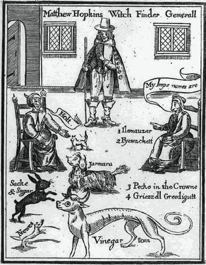 Frontispiece from Matthew Hopkins's The Discovery of Witches (1647), showing witches identifying their familiar spirits. Source: Public Domain, <a href="https://commons.wikimedia.org/w/index.php?curid=164832">Link</a>