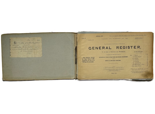 The inside cover of the Hope Brothers Ltd register, with a 'sick note' for Ada Knightall, 1902.