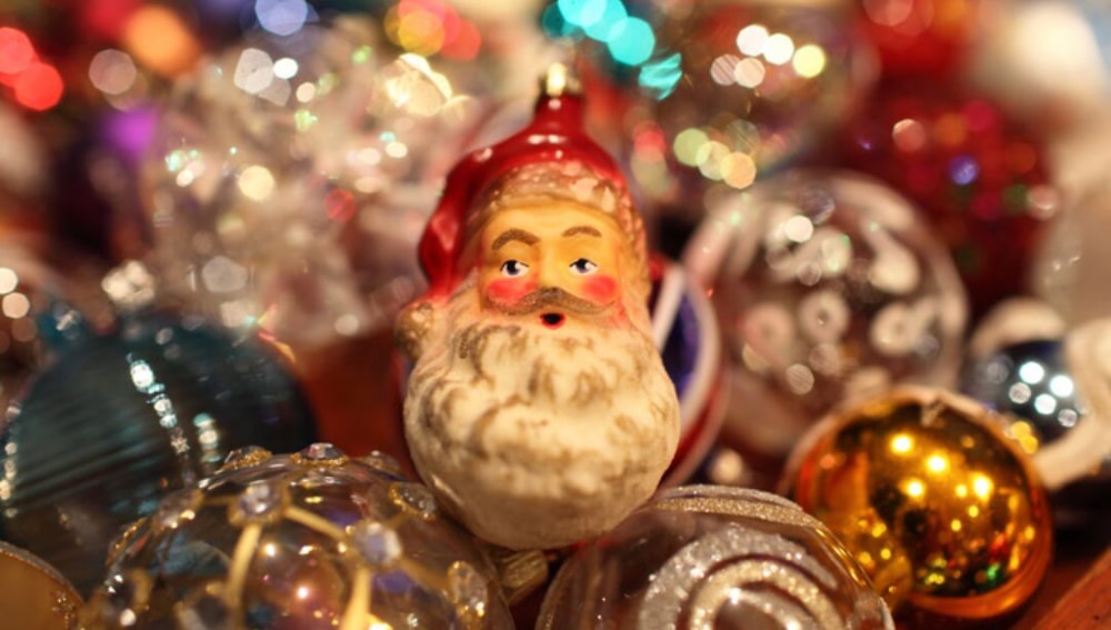 Baubles with a Father Christmas bauble in the centre.